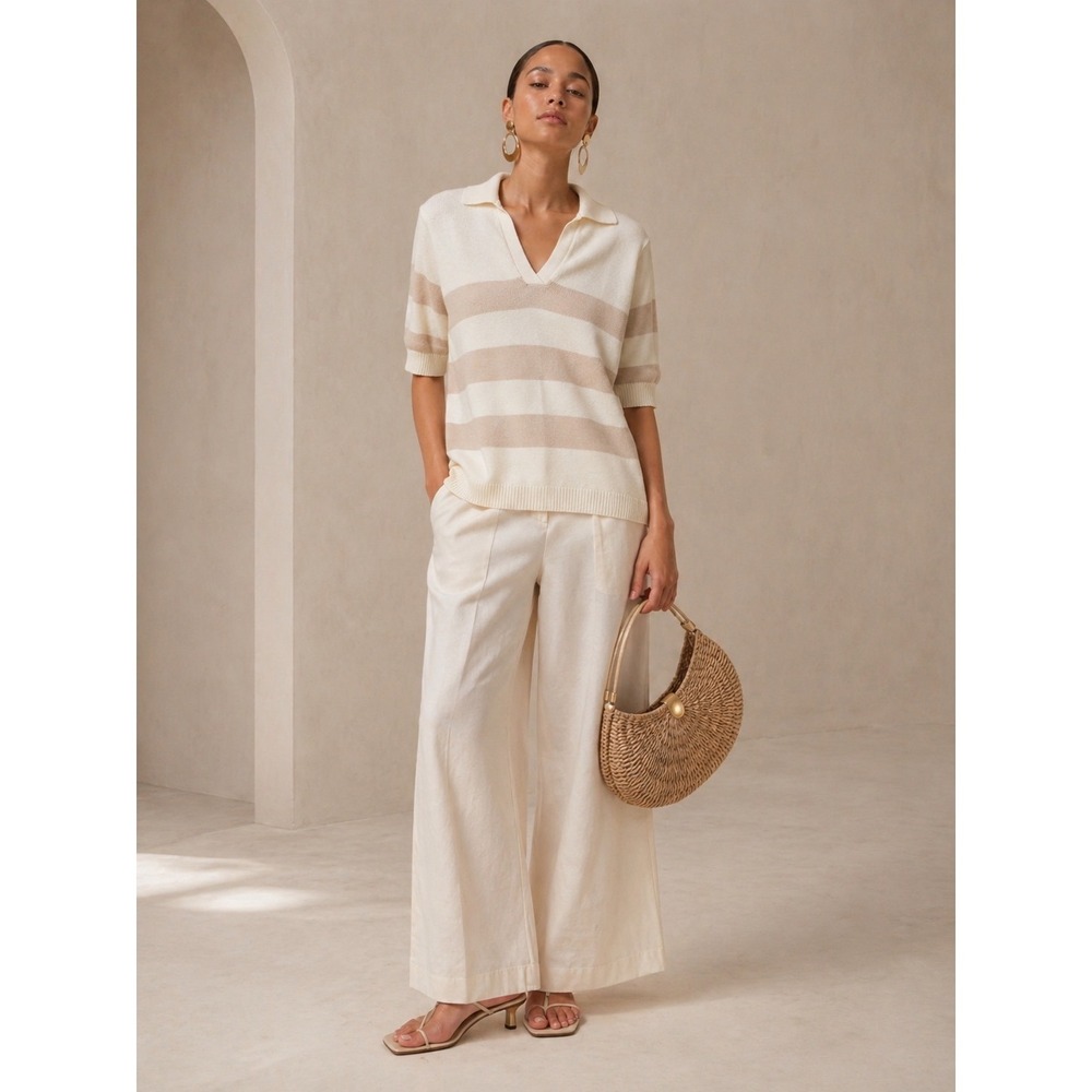 Sanctuary Striped Cotton Polo Sweater Top V-Neck Short Sleeve‎ Tan White Medium